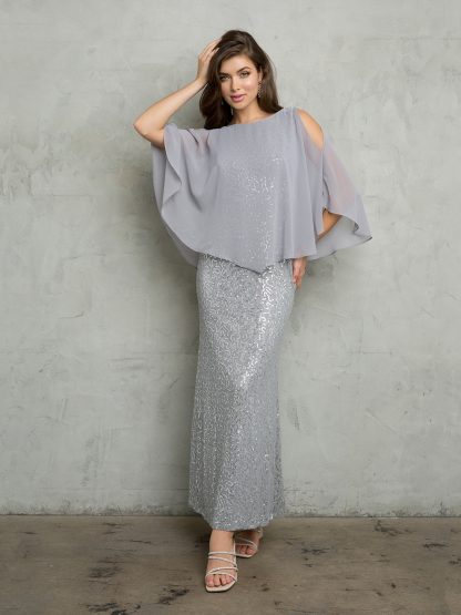 3496 - LACE SEQUIN EVENING GOWN WITH ATTACHED COLD SHOULDER CHIFFON CAPE