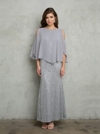 3496 - LACE SEQUIN EVENING GOWN WITH ATTACHED COLD SHOULDER CHIFFON CAPE - Image 2