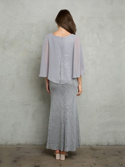 3496 - LACE SEQUIN EVENING GOWN WITH ATTACHED COLD SHOULDER CHIFFON CAPE - Image 3
