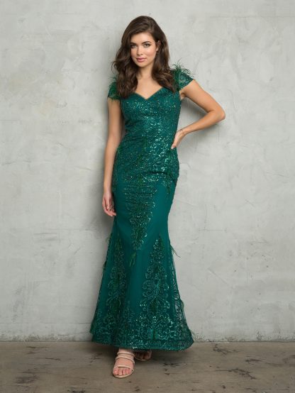 5264 - CAP SLEEVE FEATHERED GLITTER GOWN WITH BACK ZIPPER