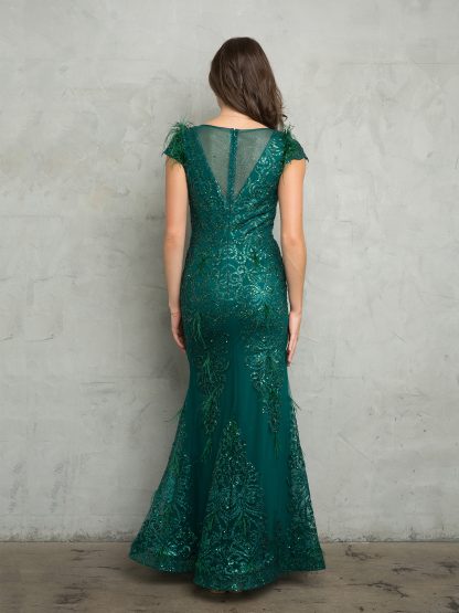 5264 - CAP SLEEVE FEATHERED GLITTER GOWN WITH BACK ZIPPER - Image 3