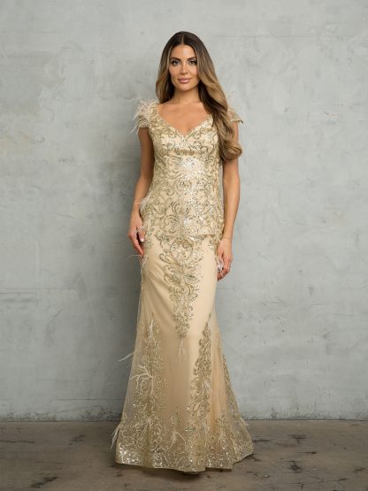 5264 - CAP SLEEVE FEATHERED GLITTER GOWN WITH BACK ZIPPER - Image 4