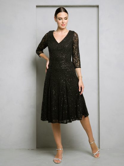 3497 - TEA LENGTH 3/4 SLEEVE LACE/SEQUIN DRESS