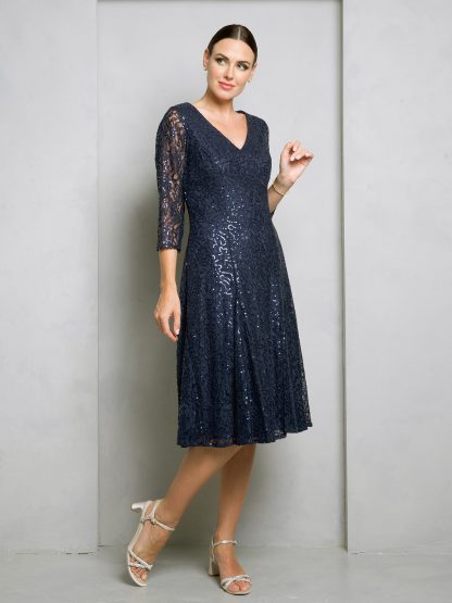 3497 - TEA LENGTH 3/4 SLEEVE LACE/SEQUIN DRESS - Image 6