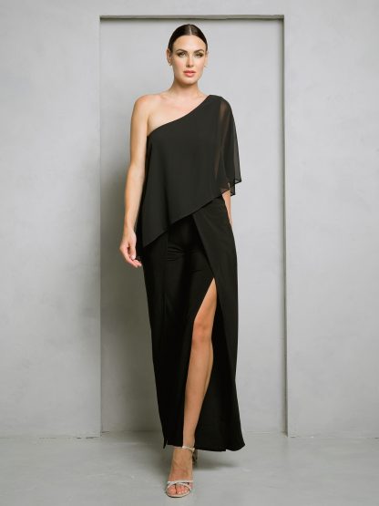 3499 - JERSEY JUMPSUIT WITH DRAPED CHIFFON ONE SHOULDER SLEEVE - Image 2
