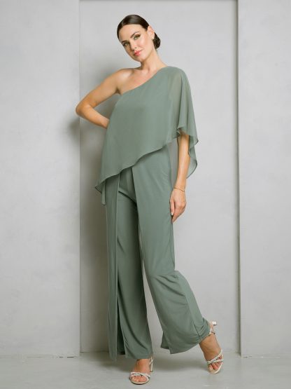 3499 - JERSEY JUMPSUIT WITH DRAPED CHIFFON ONE SHOULDER SLEEVE