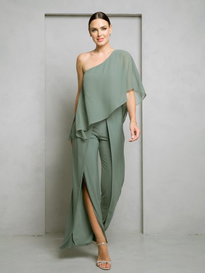 3499 - JERSEY JUMPSUIT WITH DRAPED CHIFFON ONE SHOULDER SLEEVE - Image 4