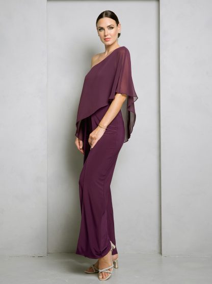 3499 - JERSEY JUMPSUIT WITH DRAPED CHIFFON ONE SHOULDER SLEEVE - Image 5