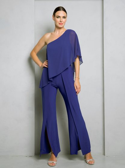 3499 - JERSEY JUMPSUIT WITH DRAPED CHIFFON ONE SHOULDER SLEEVE - Image 7