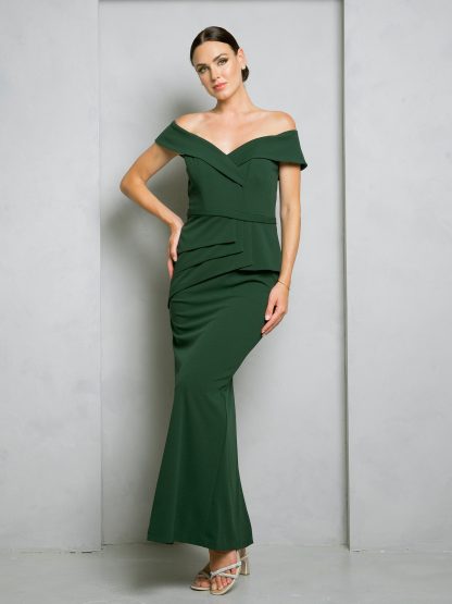 3500 - OFF SHOULDER KNIT CREPE DRESS WITH PEPLUM STYLE DESIGN AND RUFFLES - Image 4