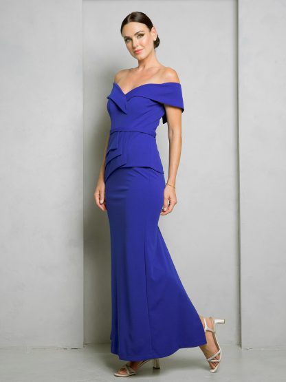 3500 - OFF SHOULDER KNIT CREPE DRESS WITH PEPLUM STYLE DESIGN AND RUFFLES