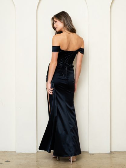 3503 - OFF SHOULDER FITTED STRETCH SATIN DRESS WITH MESH CUTOUTS - Image 7