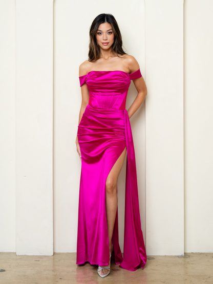 3503 - OFF SHOULDER FITTED STRETCH SATIN DRESS WITH MESH CUTOUTS - Image 11