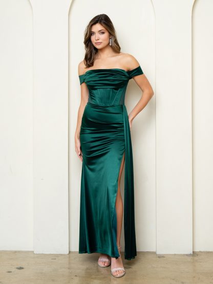 3503 - OFF SHOULDER FITTED STRETCH SATIN DRESS WITH MESH CUTOUTS - Image 14