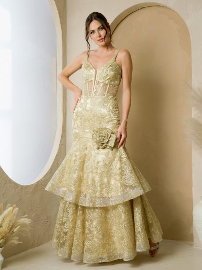 3507 - FIT AND FLARE EMBROIDERED GOWN WITH FLOWER DETAIL