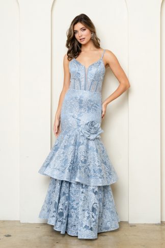 3507 - FIT AND FLARE EMBROIDERED GOWN WITH FLOWER DETAIL