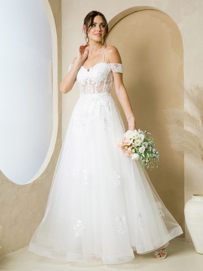 5270 - TULLE A-LINE GOWN WITH LACE APPLIQUES AND REMOVABLE SHOULDER SLEEVES