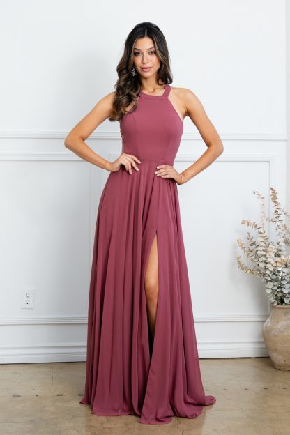 3513 - CHIFFON HALTER BRIDESMAID DRESS WITH SHEER PANELS