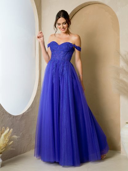 5279 - OFF SHOULDER GLITTERED TULLE A-LINE GOWN W FRONT SLIT