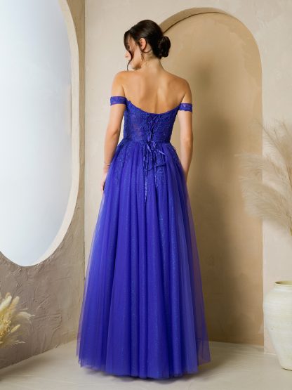 5279 - OFF SHOULDER GLITTERED TULLE A-LINE GOWN W FRONT SLIT - Image 2