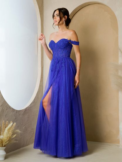 5279 - OFF SHOULDER GLITTERED TULLE A-LINE GOWN W FRONT SLIT - Image 3