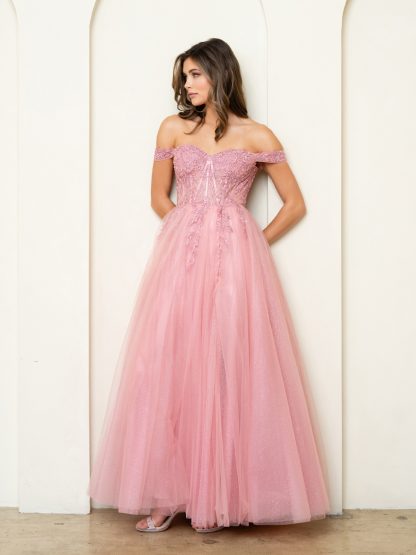 5279 - OFF SHOULDER GLITTERED TULLE A-LINE GOWN W FRONT SLIT - Image 10