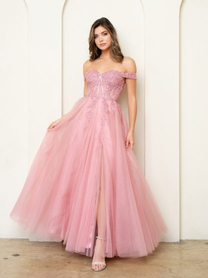 5279 - OFF SHOULDER GLITTERED TULLE A-LINE GOWN W FRONT SLIT - Image 5