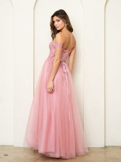5279 - OFF SHOULDER GLITTERED TULLE A-LINE GOWN W FRONT SLIT - Image 11