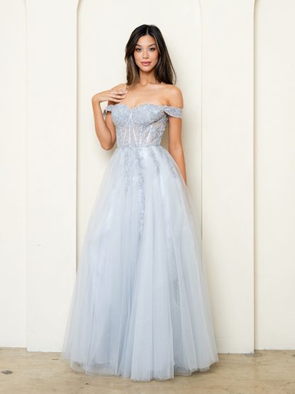 5279 - OFF SHOULDER GLITTERED TULLE A-LINE GOWN W FRONT SLIT - Image 6