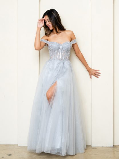 5279 - OFF SHOULDER GLITTERED TULLE A-LINE GOWN W FRONT SLIT - Image 9
