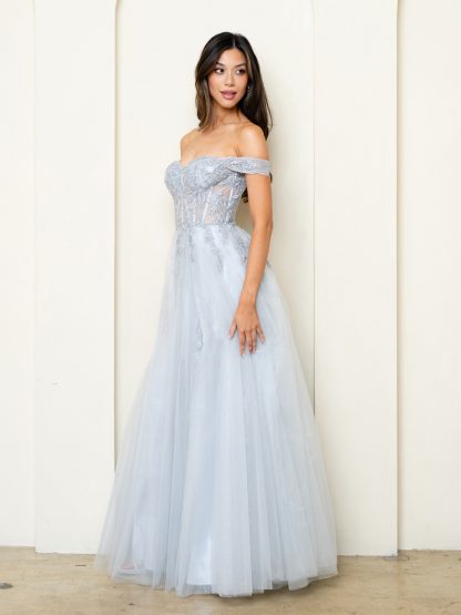 5279 - OFF SHOULDER GLITTERED TULLE A-LINE GOWN W FRONT SLIT - Image 8