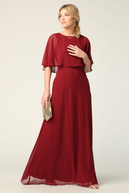 3348-Long Chiffon Gown With Cape Overlay and Pockets