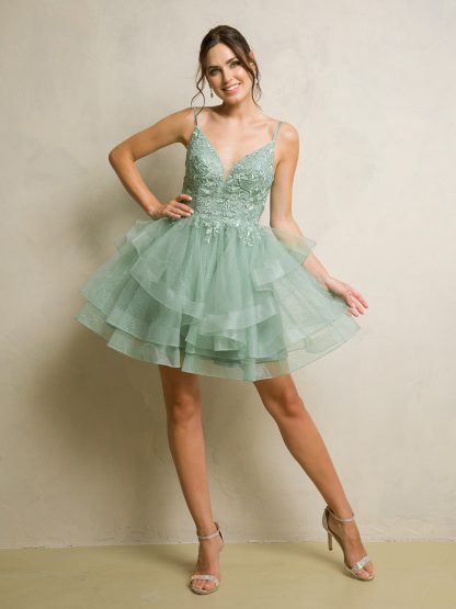 5281 - MINI TULLE AND LACE TIERED GLITTERED A-LINE DRESS