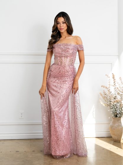 3502 - OFF SHOULDER BEADED GOWN WITH CORSET BODICE