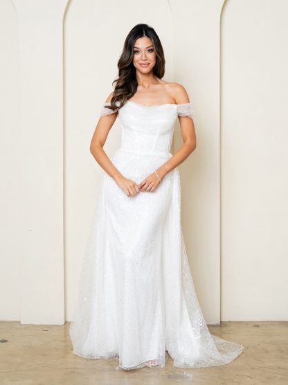 3502-W - OFF SHOULDER BEADED LACE WEDDING GOWN WITH TRAIN