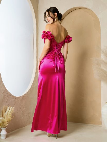 3514 - RUFFLED OFF SLEEVE STRETCH SATIN GOWN WITH SLIT - Image 8