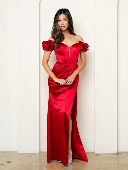 3514 - RUFFLED OFF SLEEVE STRETCH SATIN GOWN WITH SLIT - Image 2