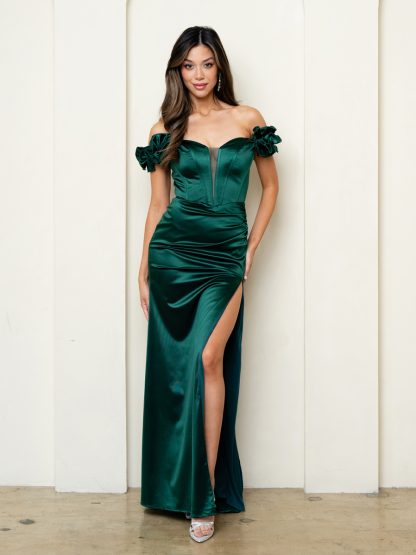 3514 - RUFFLED OFF SLEEVE STRETCH SATIN GOWN WITH SLIT