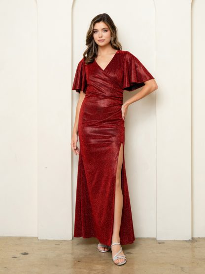 3521 - METALLIC VNECK FITTED GOWN WITH FLARED HALF SLEEVE
