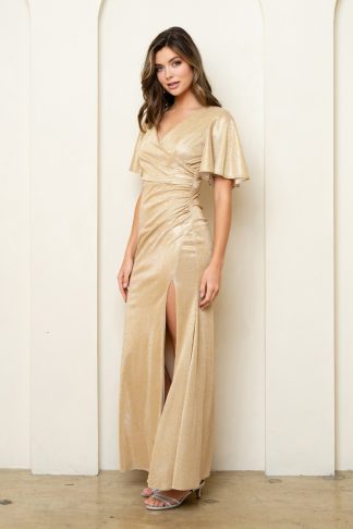 3521 - METALLIC VNECK FITTED GOWN WITH FLARED HALF SLEEVE