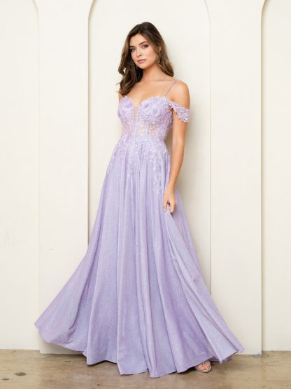 5276 - OFF SHOULDER DRESS WITH LACE TOP AND GLITTER SKIRT