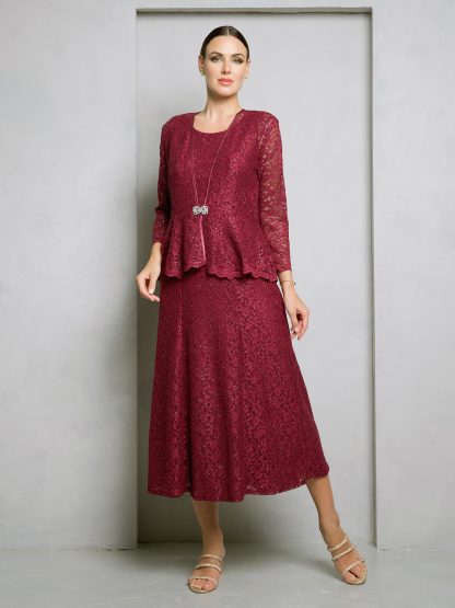 3504 | 2 PIECE LACE TEA LENGTH DRESS AND JACKET SET - Image 4