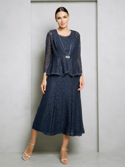3504 | 2 PIECE LACE TEA LENGTH DRESS AND JACKET SET - Image 6