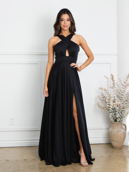 3512 | CRISS CROSS NECKLINE SATIN GOWN WITH FRONT SLIT