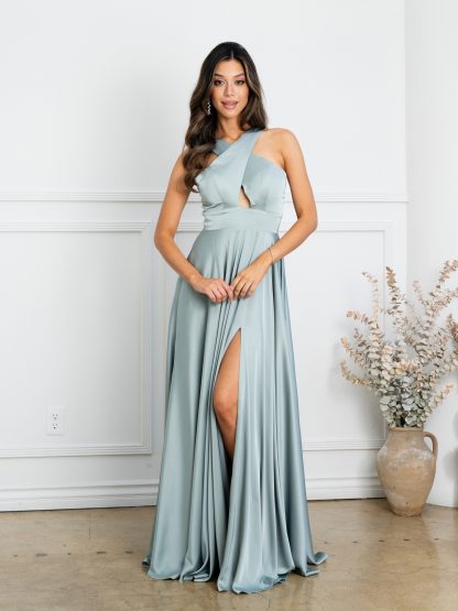 3512 | CRISS CROSS NECKLINE SATIN GOWN WITH FRONT SLIT - Image 8