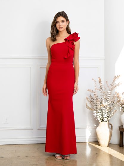 3515 | Ruffled one shoulder knit crepe gown