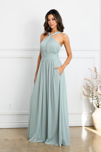 3520 | Twist front faux halter stretch chiffon gown - Image 8