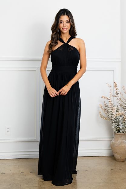 3520 | Twist front faux halter stretch chiffon gown - Image 2