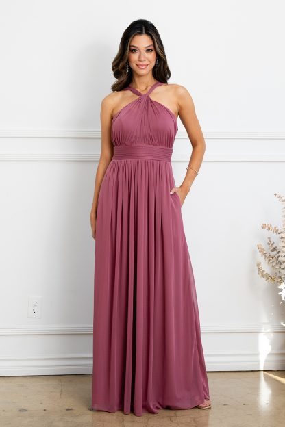 3520 | Twist front faux halter stretch chiffon gown