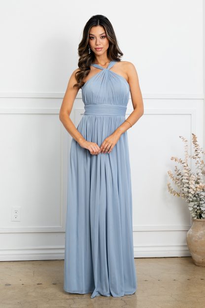 3520 | Twist front faux halter stretch chiffon gown - Image 4